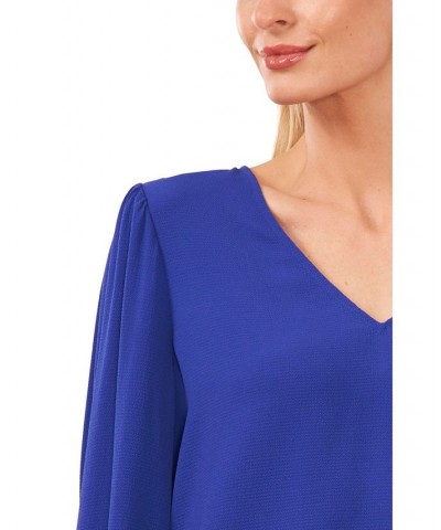 Women's Solid Long Sleeve V-Neck Tie-Cuff Blouse Deep Royal Blue $43.45 Tops