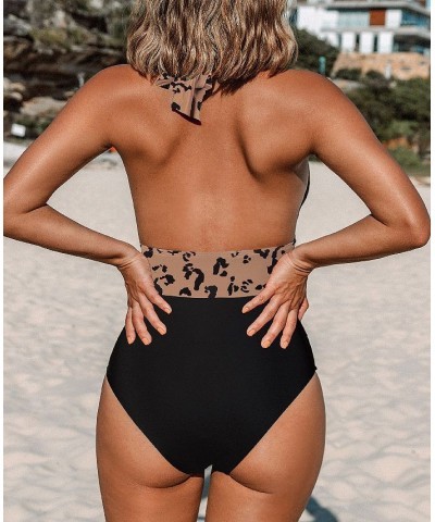 Women's Cheetah Plunge Halter Shirred One Piece Swimsuit Brown $25.96 Swimsuits