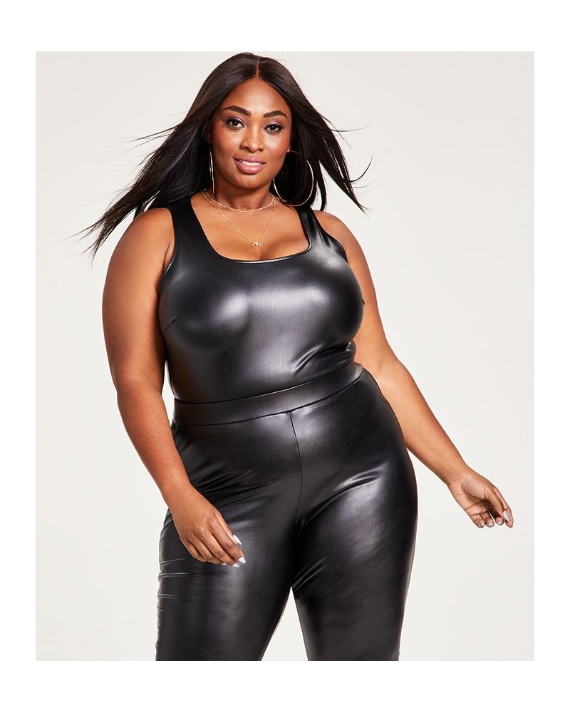 Plus Size Pleather Tank Scoop-Neck Bodysuit Black $26.33 Tops