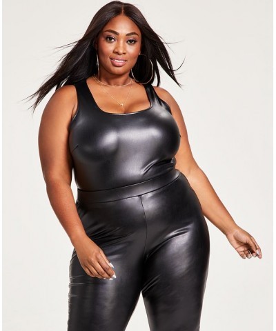 Plus Size Pleather Tank Scoop-Neck Bodysuit Black $26.33 Tops