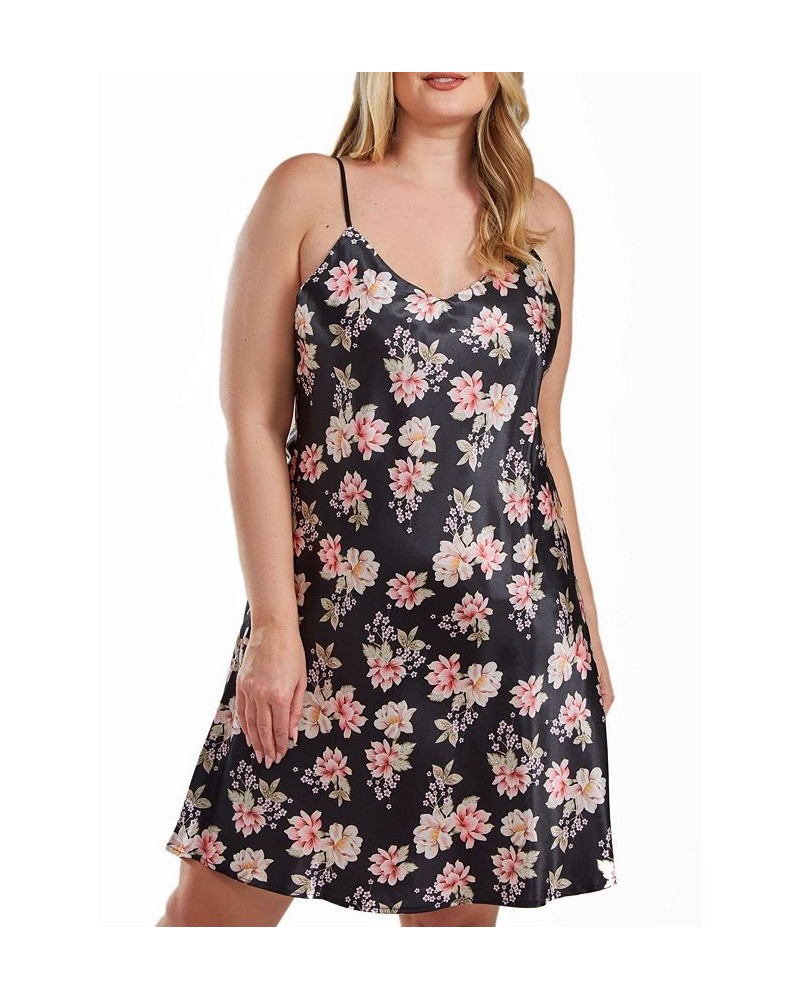 Cyrus Plus Size Ultra Soft Floral Satin Chemise in Bias Cut Silhouette Multi-Black $39.42 Sleepwear