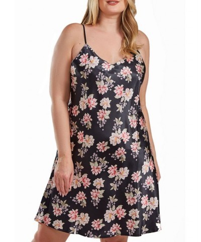 Cyrus Plus Size Ultra Soft Floral Satin Chemise in Bias Cut Silhouette Multi-Black $39.42 Sleepwear