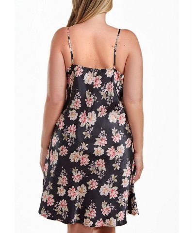 Cyrus Plus Size Ultra Soft Floral Satin Chemise in Bias Cut Silhouette Multi-Black $39.42 Sleepwear