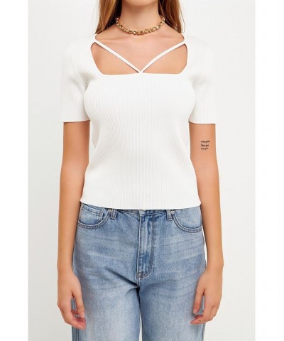 Women's Cut-out Detail Short Sleeve Knit Top White $32.80 Tops