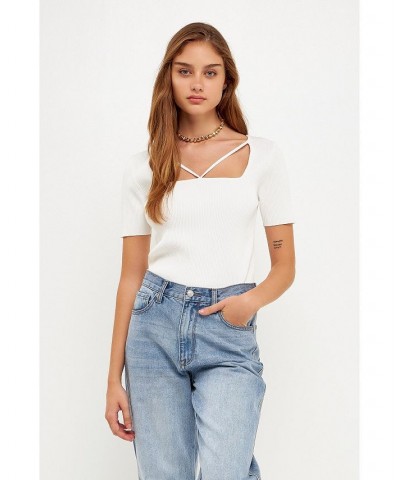 Women's Cut-out Detail Short Sleeve Knit Top White $32.80 Tops