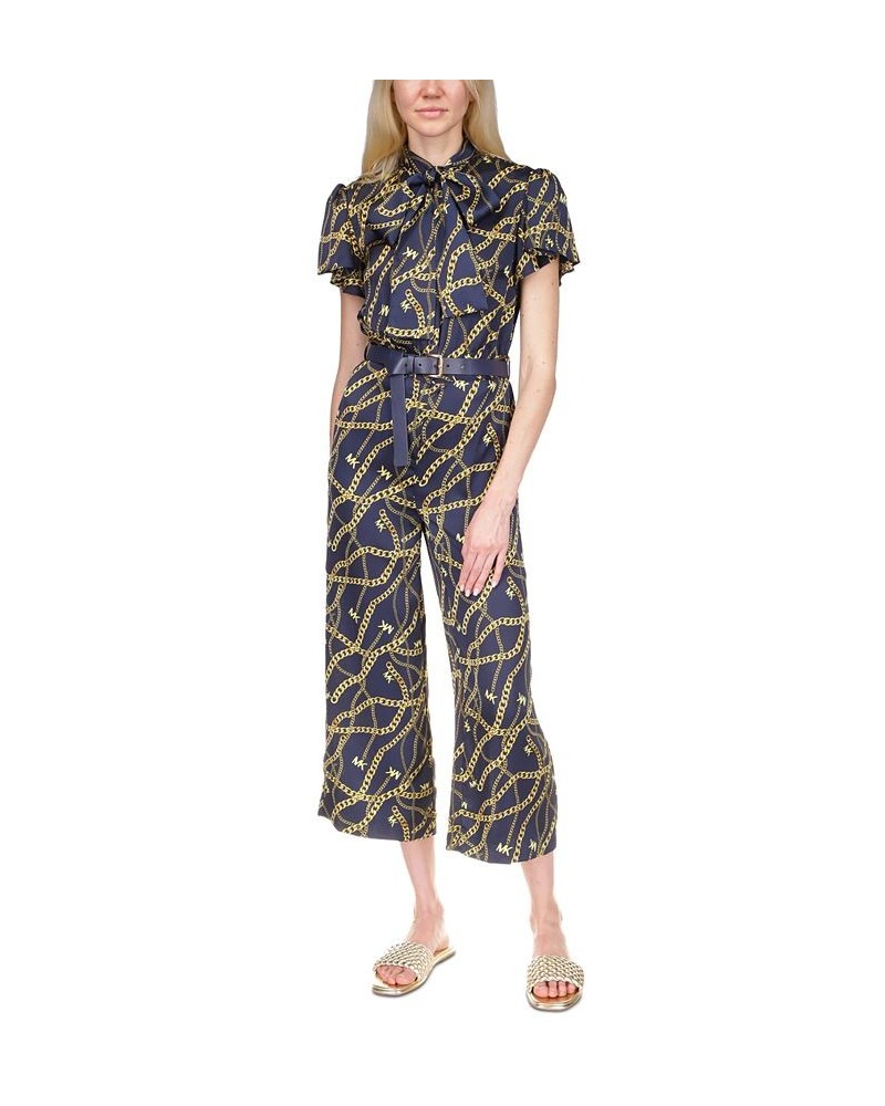 Women's Chain-Print Chain Bow Jumpsuit Midnight Blue $90.20 Pants