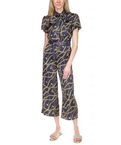 Women's Chain-Print Chain Bow Jumpsuit Midnight Blue $90.20 Pants