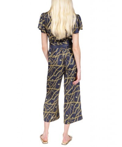 Women's Chain-Print Chain Bow Jumpsuit Midnight Blue $90.20 Pants