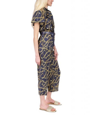 Women's Chain-Print Chain Bow Jumpsuit Midnight Blue $90.20 Pants