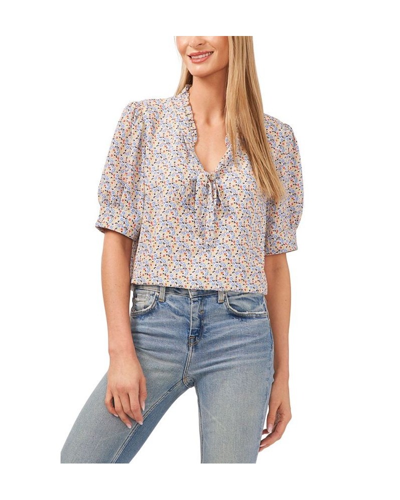 Women's Printed Tie-Neck Blouse Top Soft Ecru $45.39 Tops