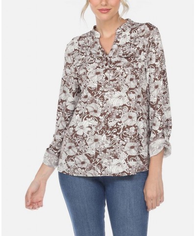 Women's Pleated Floral Print Blouse Brown $32.00 Tops