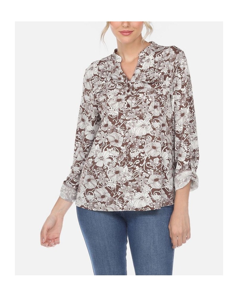 Women's Pleated Floral Print Blouse Brown $32.00 Tops