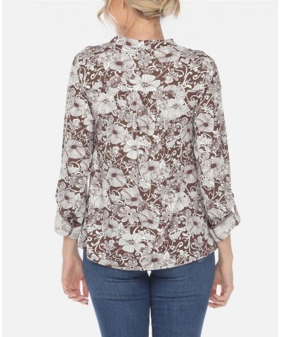 Women's Pleated Floral Print Blouse Brown $32.00 Tops