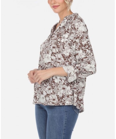 Women's Pleated Floral Print Blouse Brown $32.00 Tops