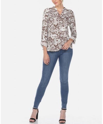 Women's Pleated Floral Print Blouse Brown $32.00 Tops