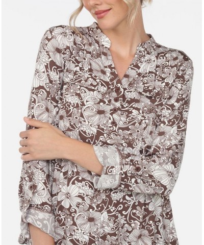 Women's Pleated Floral Print Blouse Brown $32.00 Tops