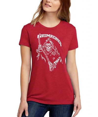Women's Premium Blend Grim Reaper Word Art T-shirt Red $19.23 Tops