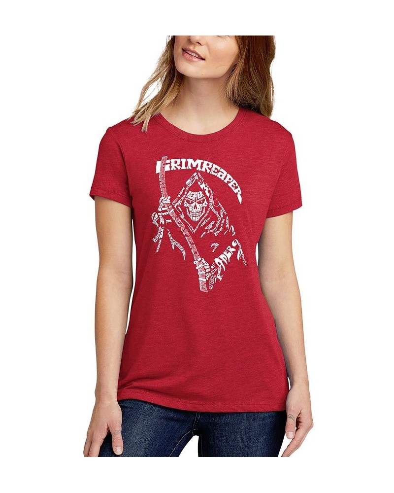 Women's Premium Blend Grim Reaper Word Art T-shirt Red $19.23 Tops