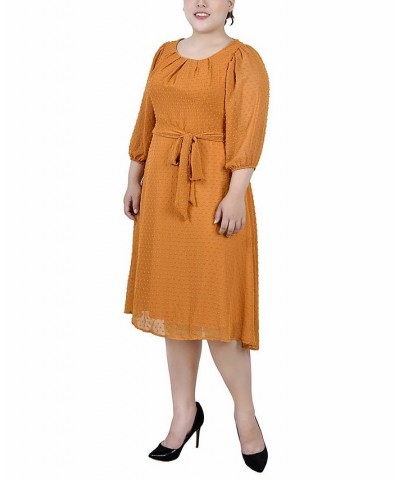 Plus Size 3/4 Sleeve Clip Dot Dress Gold $20.88 Dresses