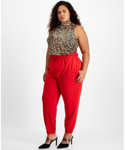 Trendy Plus Size Paperbag-Waist Jogger Pants Red $20.27 Pants
