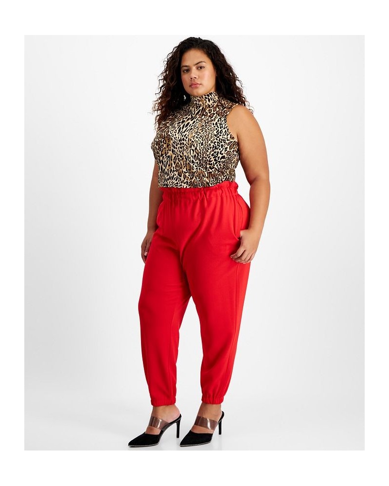 Trendy Plus Size Paperbag-Waist Jogger Pants Red $20.27 Pants