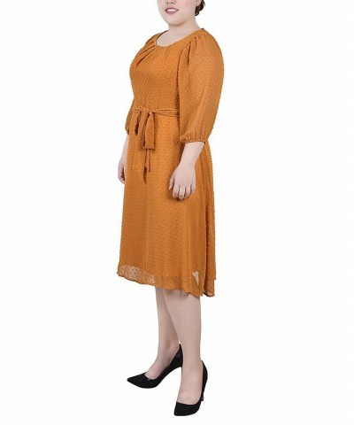 Plus Size 3/4 Sleeve Clip Dot Dress Gold $20.88 Dresses