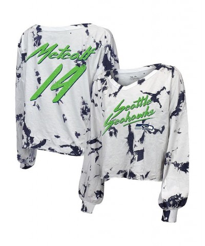 Women's Seattle Seahawks Off-Shoulder Tie-Dye Name and Number Long Sleeve V-Neck Crop-Top T-shirt White $28.00 Tops