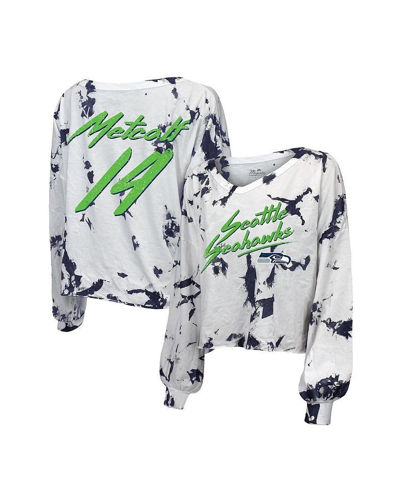 Women's Seattle Seahawks Off-Shoulder Tie-Dye Name and Number Long Sleeve V-Neck Crop-Top T-shirt White $28.00 Tops