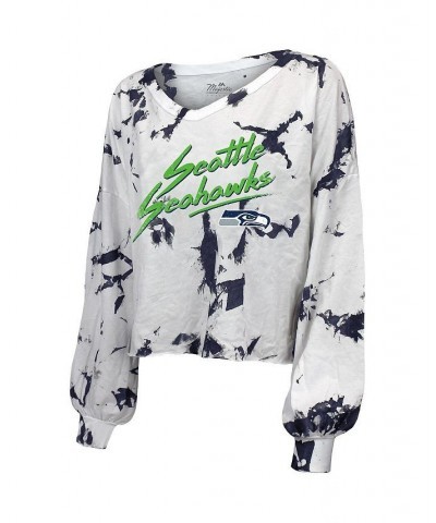 Women's Seattle Seahawks Off-Shoulder Tie-Dye Name and Number Long Sleeve V-Neck Crop-Top T-shirt White $28.00 Tops