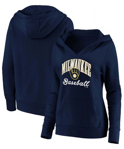 Women's Navy Milwaukee Brewers Victory Script Crossover Neck Pullover Hoodie Navy $42.39 Sweatshirts