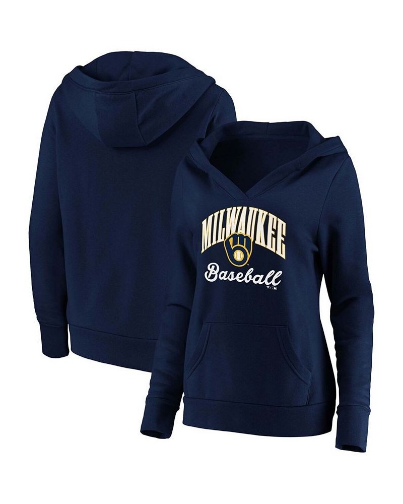 Women's Navy Milwaukee Brewers Victory Script Crossover Neck Pullover Hoodie Navy $42.39 Sweatshirts