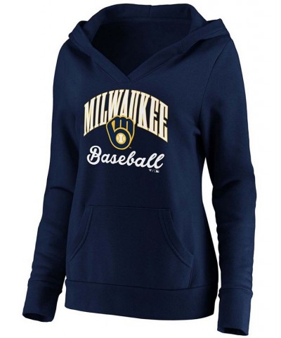 Women's Navy Milwaukee Brewers Victory Script Crossover Neck Pullover Hoodie Navy $42.39 Sweatshirts