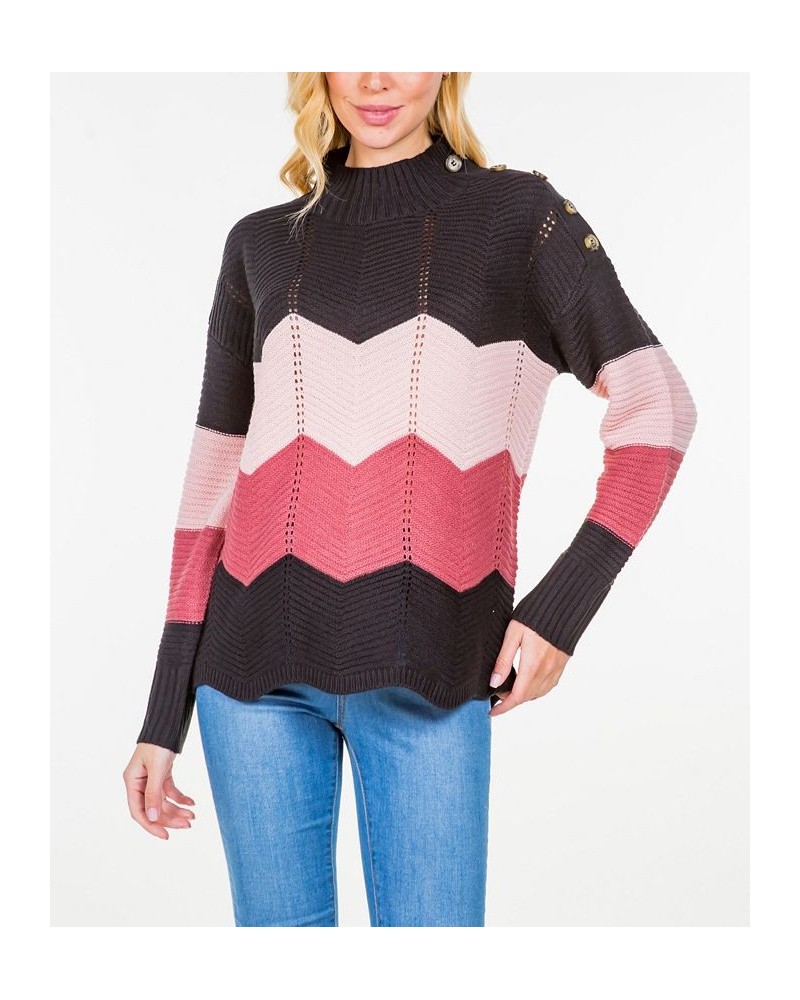 Women's Ribbed Mock Neck Sweater with Shoulder Button Black $31.96 Sweaters