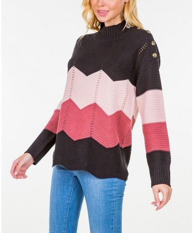 Women's Ribbed Mock Neck Sweater with Shoulder Button Black $31.96 Sweaters