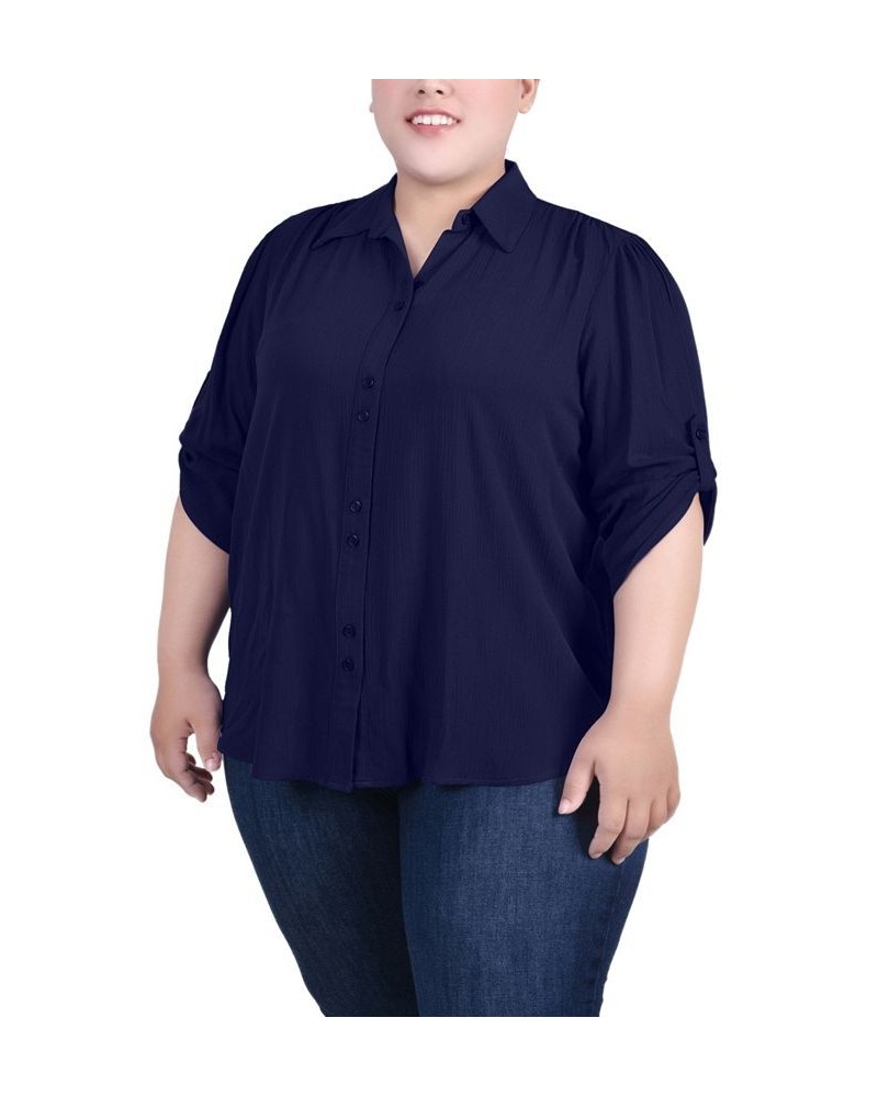 Plus Size 3/4 Sleeve Gauze Blouse Navy $11.36 Tops