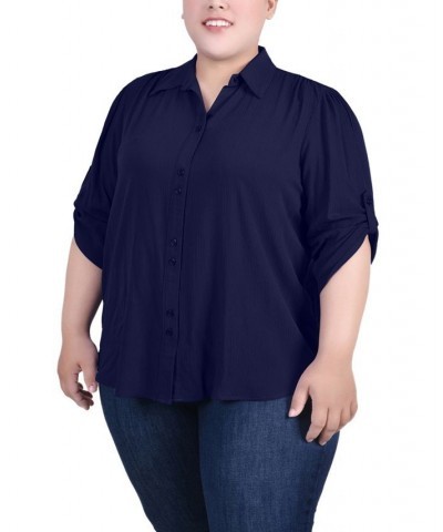 Plus Size 3/4 Sleeve Gauze Blouse Navy $11.36 Tops