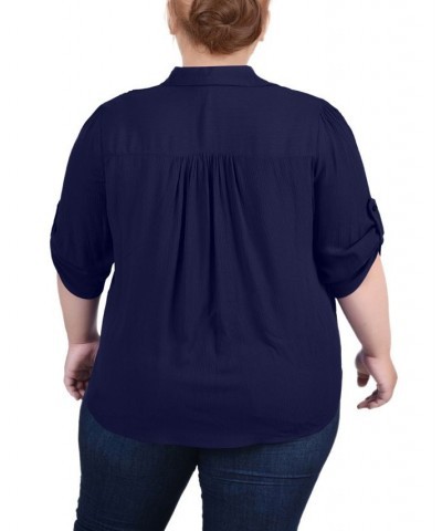 Plus Size 3/4 Sleeve Gauze Blouse Navy $11.36 Tops