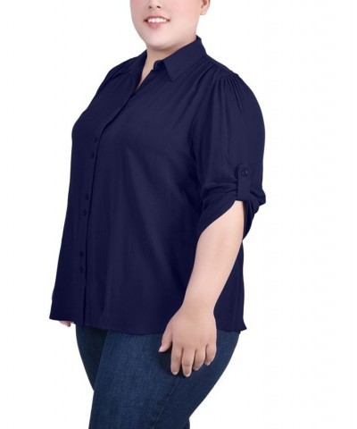 Plus Size 3/4 Sleeve Gauze Blouse Navy $11.36 Tops