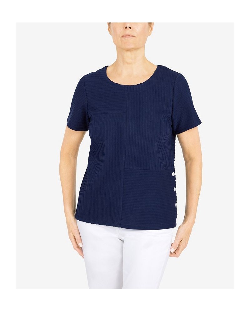 Women's Classics Spliced Ottoman Texture Knit Short Sleeve Top Navy $29.03 Tops