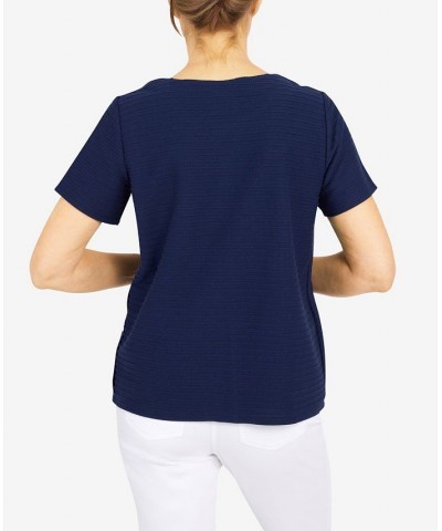 Women's Classics Spliced Ottoman Texture Knit Short Sleeve Top Navy $29.03 Tops