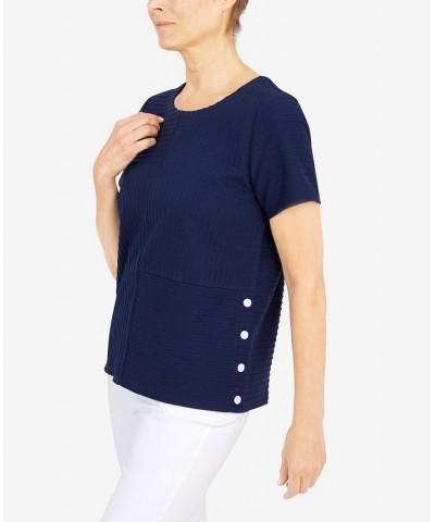 Women's Classics Spliced Ottoman Texture Knit Short Sleeve Top Navy $29.03 Tops