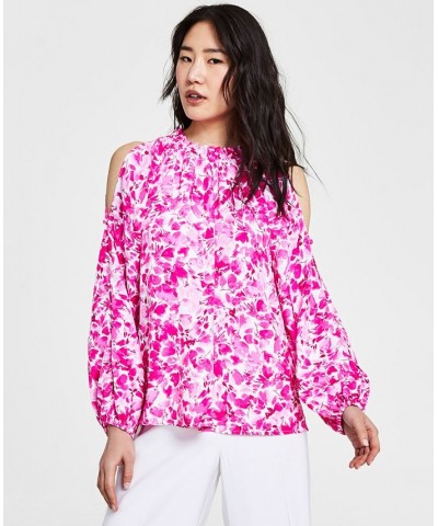 Women's Printed Ruched Cold-Shoulder Top Hot Pink $37.38 Tops