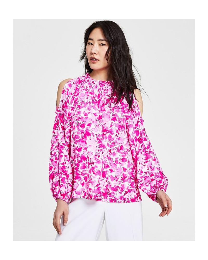 Women's Printed Ruched Cold-Shoulder Top Hot Pink $37.38 Tops