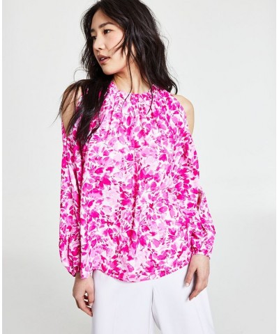 Women's Printed Ruched Cold-Shoulder Top Hot Pink $37.38 Tops