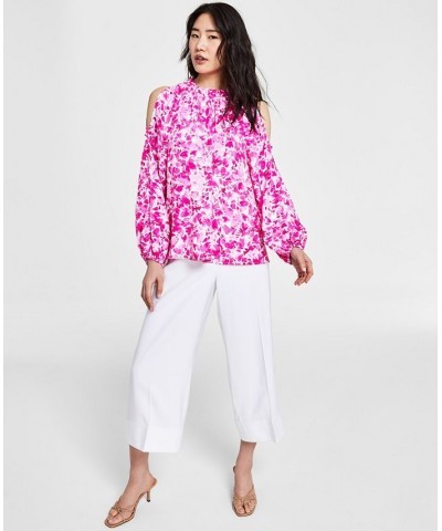 Women's Printed Ruched Cold-Shoulder Top Hot Pink $37.38 Tops