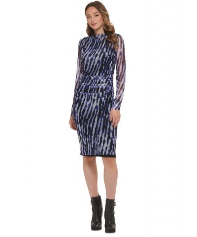 Women's Printed Mesh Long-Sleeve Ruched Dress Purple $21.40 Dresses