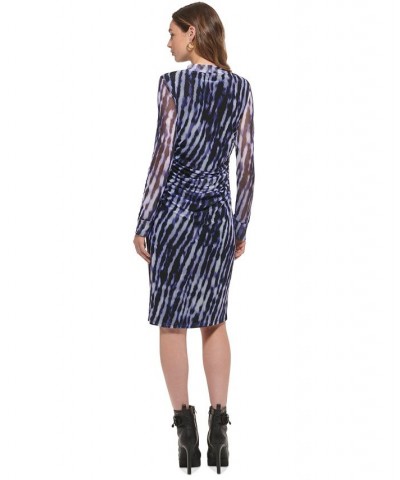 Women's Printed Mesh Long-Sleeve Ruched Dress Purple $21.40 Dresses