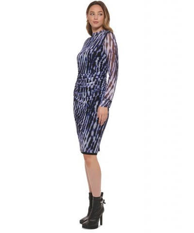 Women's Printed Mesh Long-Sleeve Ruched Dress Purple $21.40 Dresses