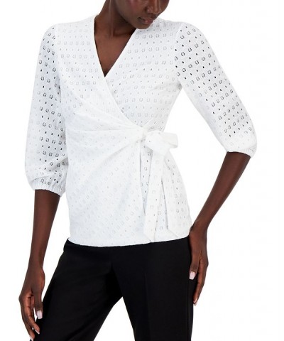 Women's Dot-Lace Blouson-Sleeve Wrap Top White $51.23 Tops