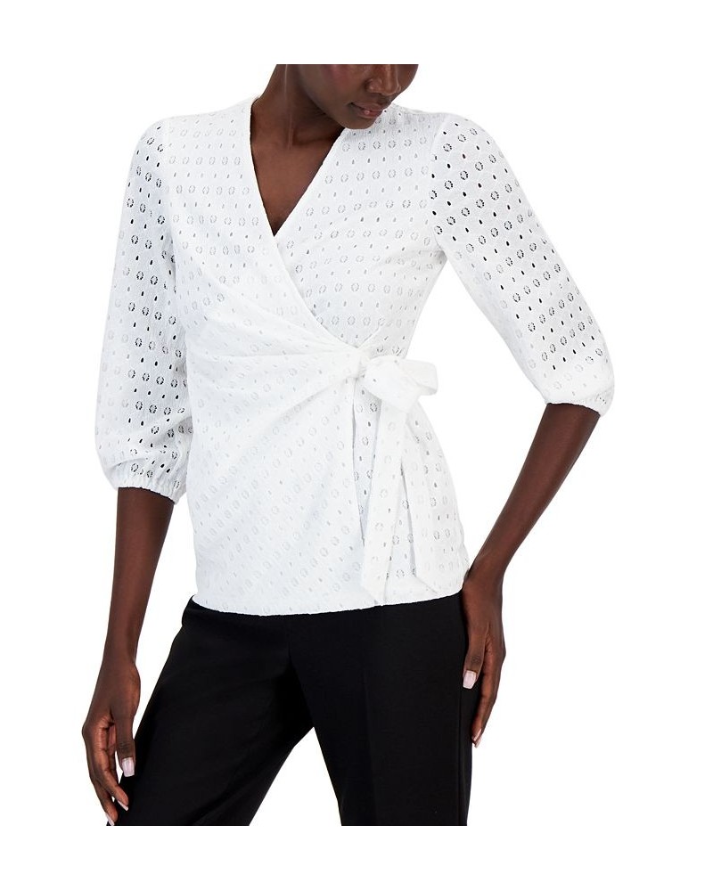 Women's Dot-Lace Blouson-Sleeve Wrap Top White $51.23 Tops